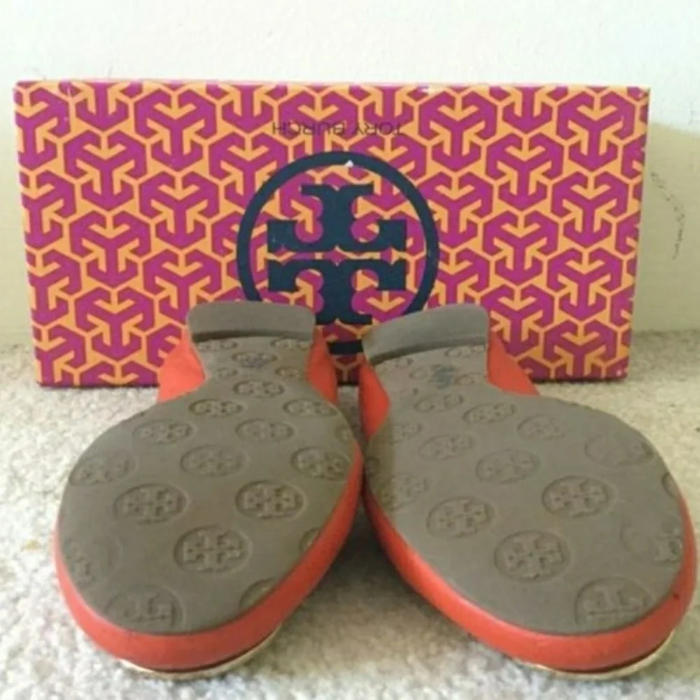TORY BURCH Orange Size 8.5 Gold Logo Flats